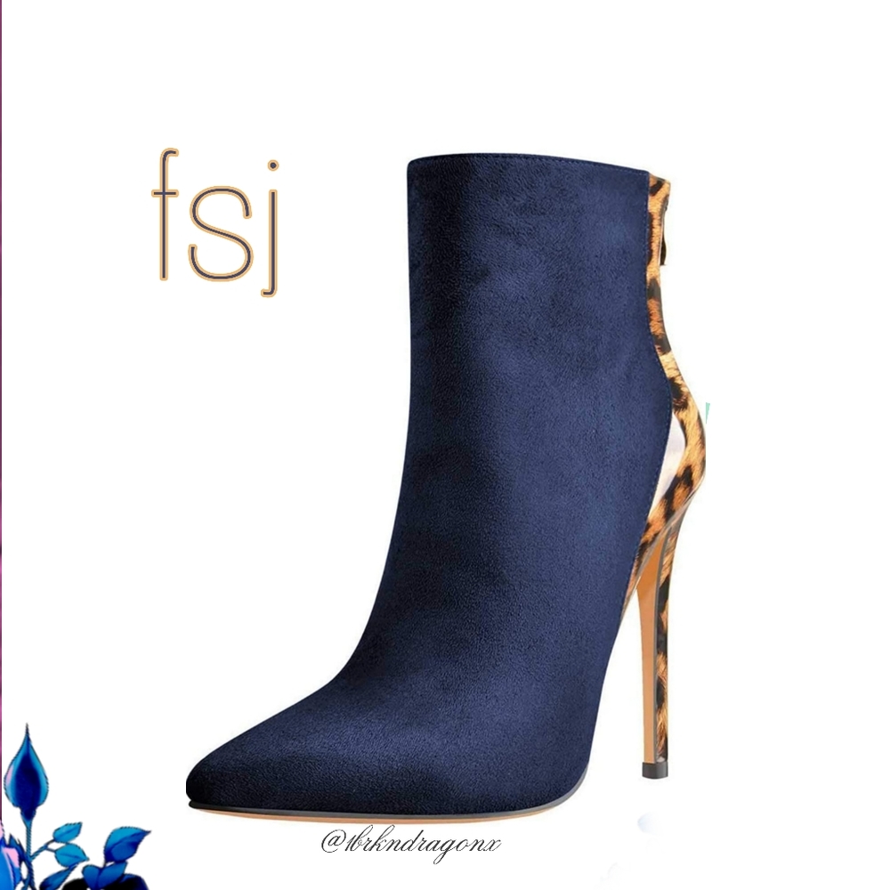NWT Navy or Black Leopard Stilettos Two Tone Booties Polished Dress Booties - Picture 10 of 14